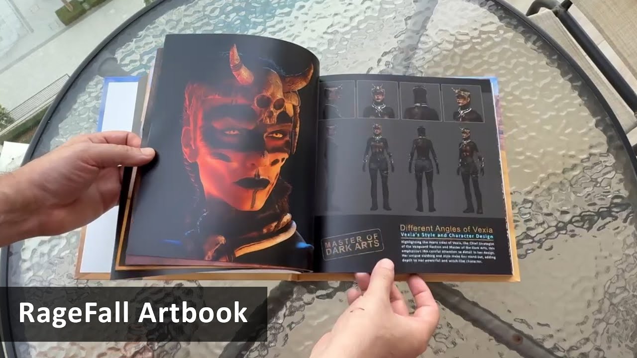 An open Rage Fall artbook showing character art