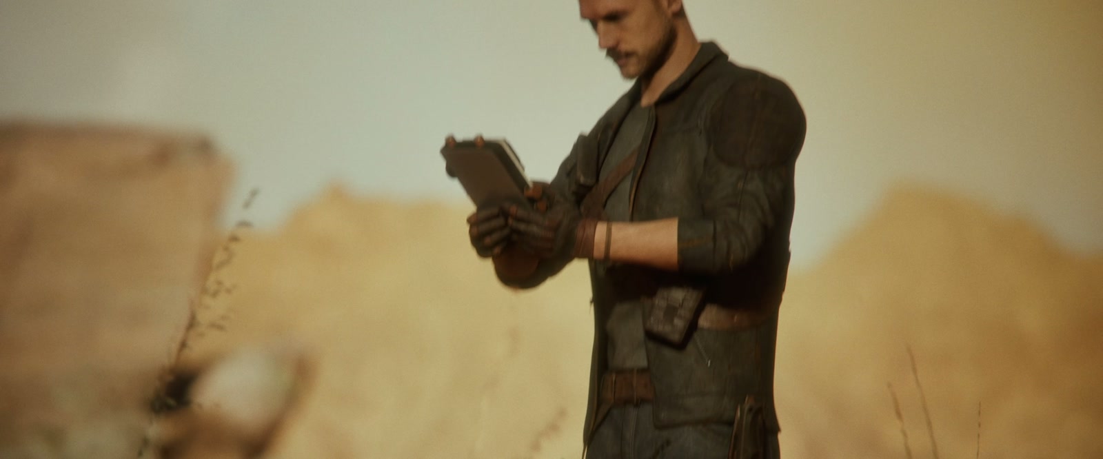A character looking at a handheld device